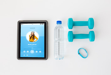 Image showing tablet pc, dumbbells, fitness tracker and bottle