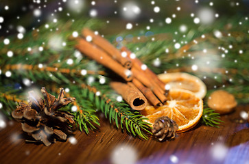 Image showing christmas fir branch, cinnamon and dried orange