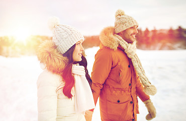 Image showing happy couple walking over winter background