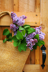 Image showing lilacs in a straw purse