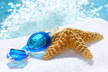 Image showing Blue goggles on a white towel