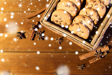 Image showing close up of oat cookies on wooden table