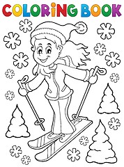 Image showing Coloring book skiing woman theme 1