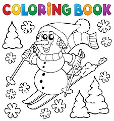 Image showing Coloring book skiing snowman theme 1