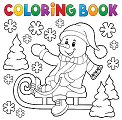 Image showing Coloring book snowman on sledge theme 1