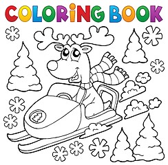 Image showing Coloring book reindeer in snowmobile