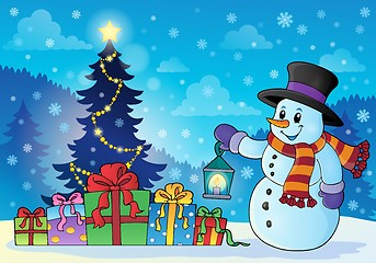 Image showing Snowman near Christmas tree theme 1