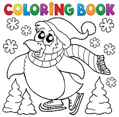 Image showing Coloring book happy skating penguin