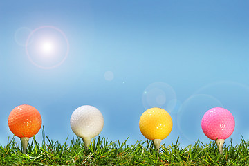 Image showing Colored golf balls in the grass