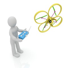 Image showing 3d man with drone, quadrocopter, with photo camera. 3d render. 3