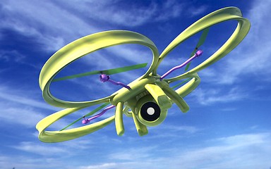 Image showing Drone, quadrocopter, with photo camera against the sky. 3D illus