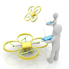 Image showing 3d man with drone, quadrocopter, with photo camera. 3d render. 3