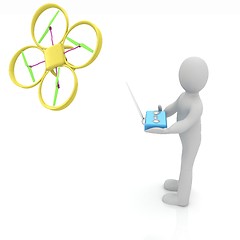 Image showing 3d man with drone, quadrocopter, with photo camera. 3d render. 3