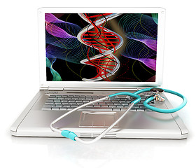 Image showing silver laptop diagnosis with stethoscope. 3D illustration