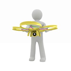 Image showing 3d man with drone, quadrocopter, with photo camera. 3d render. 3