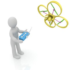 Image showing 3d man with drone, quadrocopter, with photo camera. 3d render. 3