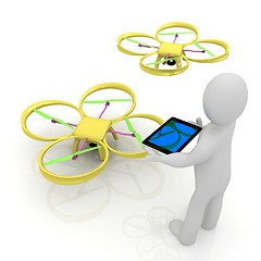 Image showing 3d white people. Man flying a white drone with camera. 3D render