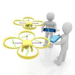 Image showing 3d white people. Man flying a white drone with camera. 3D render