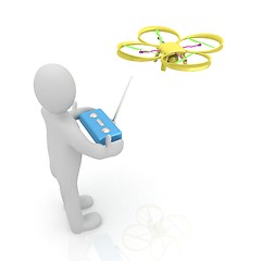 Image showing 3d man with drone, quadrocopter, with photo camera. 3d render. 3