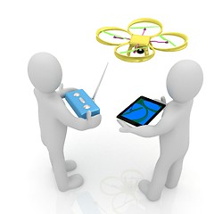 Image showing 3d white people. Man flying a white drone with camera. 3D render