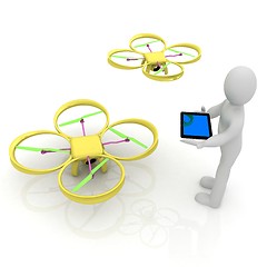 Image showing 3d white people. Man flying a white drone with camera. 3D render