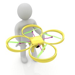 Image showing 3d man with drone, quadrocopter, with photo camera. 3d render. 3