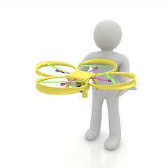 Image showing 3d man with drone, quadrocopter, with photo camera. 3d render. 3