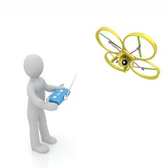 Image showing 3d man with drone, quadrocopter, with photo camera. 3d render. 3