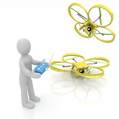 Image showing 3d man with drone, quadrocopter, with photo camera. 3d render. 3