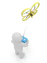 Image showing 3d man with drone, quadrocopter, with photo camera. 3d render. 3