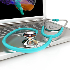 Image showing Laptop, brain and Stethoscope. 3d illustration