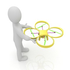 Image showing 3d man with drone, quadrocopter, with photo camera. 3d render. 3