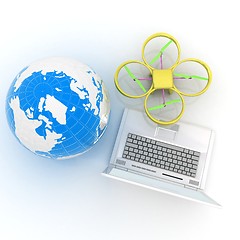 Image showing Drone or quadrocopter with camera with laptop. Network, online, 