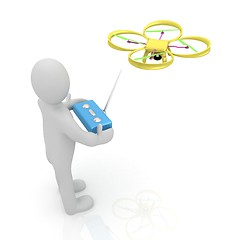 Image showing 3d man with drone, quadrocopter, with photo camera. 3d render. 3