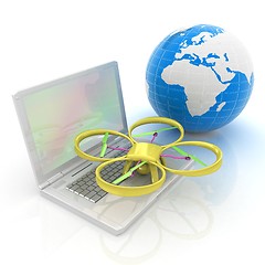 Image showing Drone or quadrocopter with camera with laptop. Network, online, 