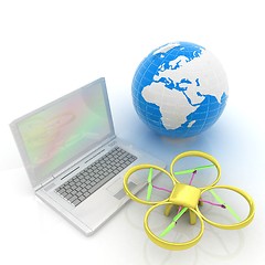 Image showing Drone or quadrocopter with camera with laptop. Network, online, 