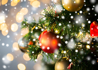 Image showing close up of christmas tree decorated with balls