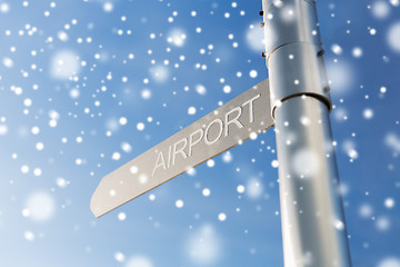 Image showing close up of airport signpost over blue sky