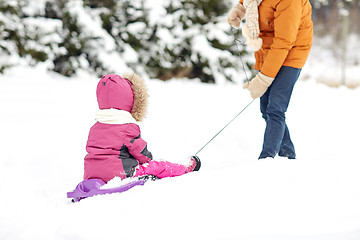 Image showing father pulling sled with child in winter