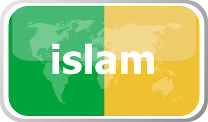 Image showing islam. Flat web button icon. World map earth icon. Vector illustration