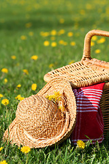 Image showing Picnic basket and hat