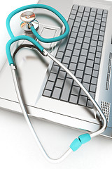 Image showing silver laptop diagnosis with stethoscope. 3D illustration