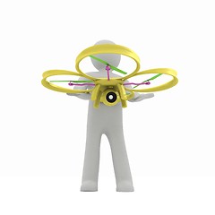 Image showing 3d man with drone, quadrocopter, with photo camera. 3d render. 3