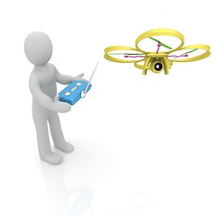 Image showing 3d man with drone, quadrocopter, with photo camera. 3d render. 3