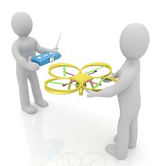 Image showing 3d man with drone, quadrocopter, with photo camera. 3d render. 3