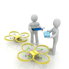 Image showing 3d white people. Man flying a white drone with camera. 3D render