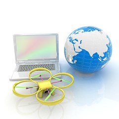 Image showing Drone or quadrocopter with camera with laptop. Network, online, 