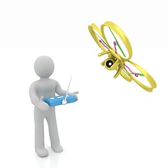 Image showing 3d man with drone, quadrocopter, with photo camera. 3d render. 3