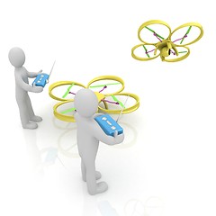 Image showing 3d man with drone, quadrocopter, with photo camera. 3d render. 3