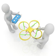 Image showing 3d man with drone, quadrocopter, with photo camera. 3d render. 3